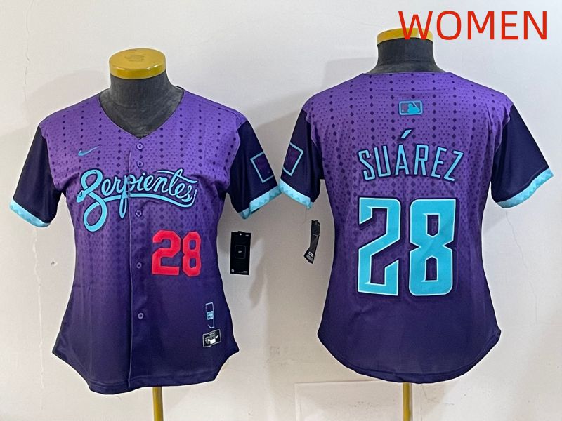 Women 2025 Arizona Diamondback 28 Suarez Purple Joint Name Nike MLB Jersey style 3